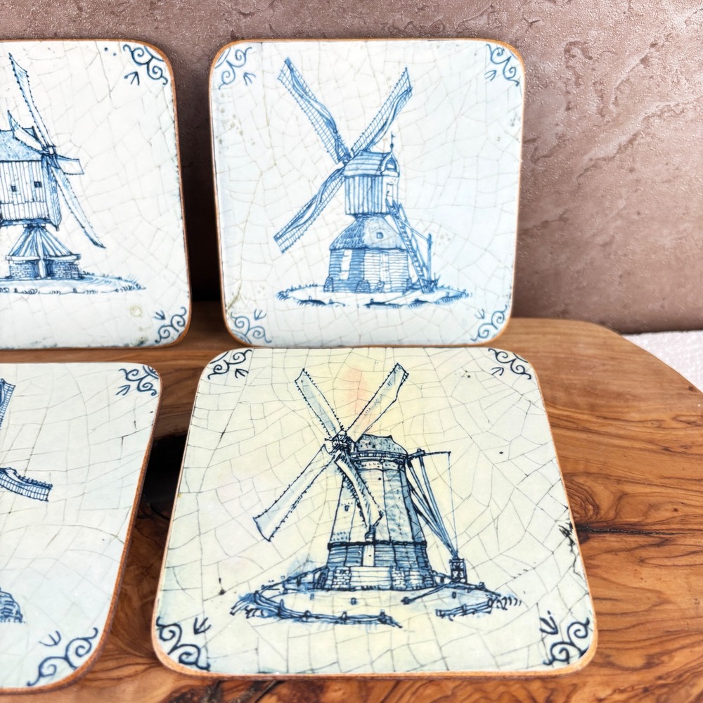 Vintage Pimpernel Windmill Acrylic Coasters Set of 6 Blue White Delft Style UK - Picture 5 of 13